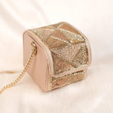 Amyra rose gold box clutch with geometric sequin panels and gold chain for receptions