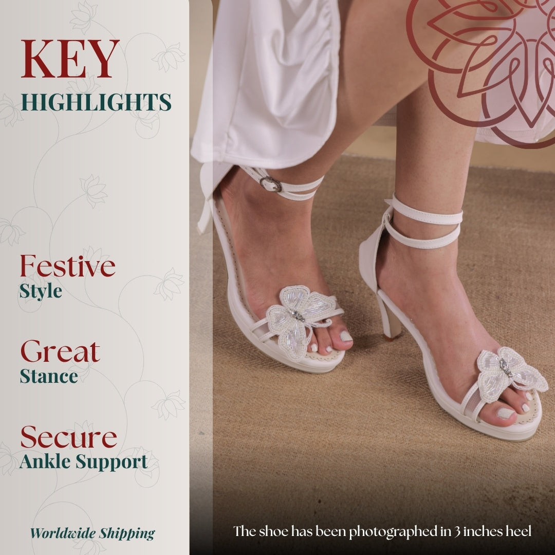 Butterfly pattern white heel with ankle support strap