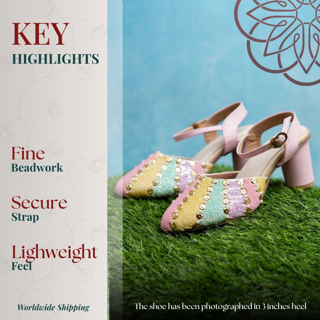 Multicolour panels, delicate bead embroidery, ankle strap, and sturdy block heel