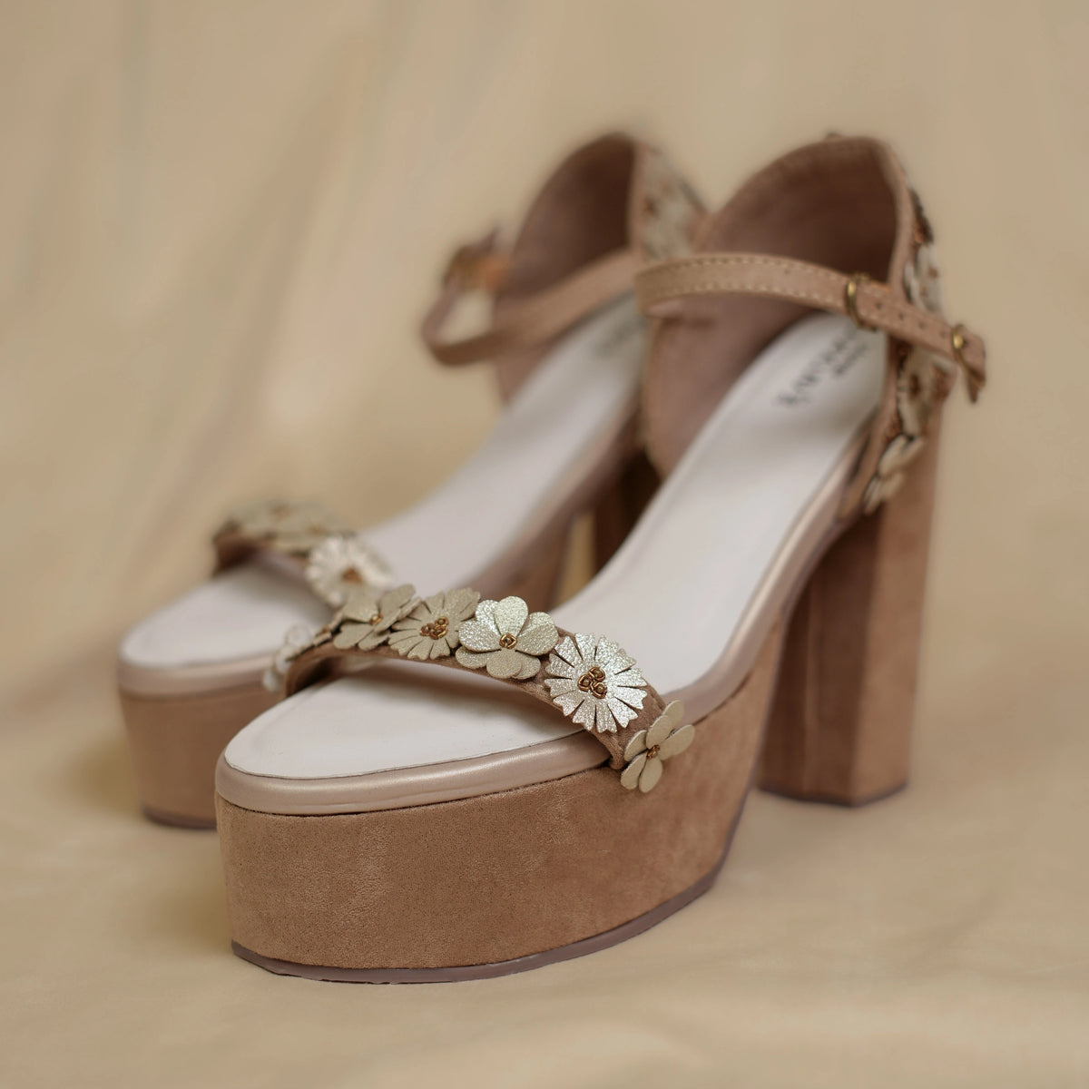 Taupe platform heels with 3D flower single strap and slingback