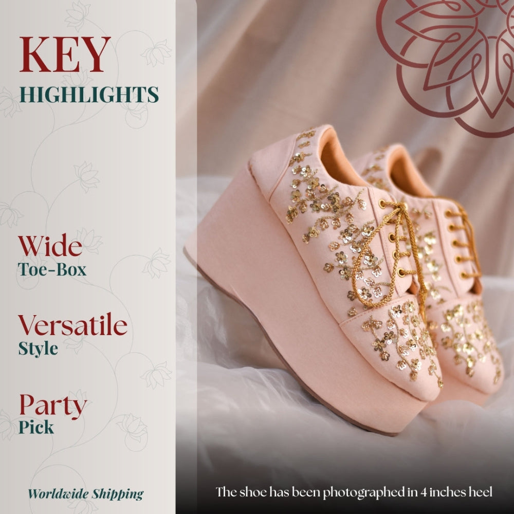 Party ready wedge sneaker with intricate gold work and comfortable structure