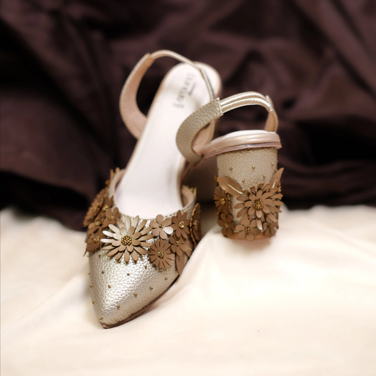 Gold and bronze floral mules with back strap