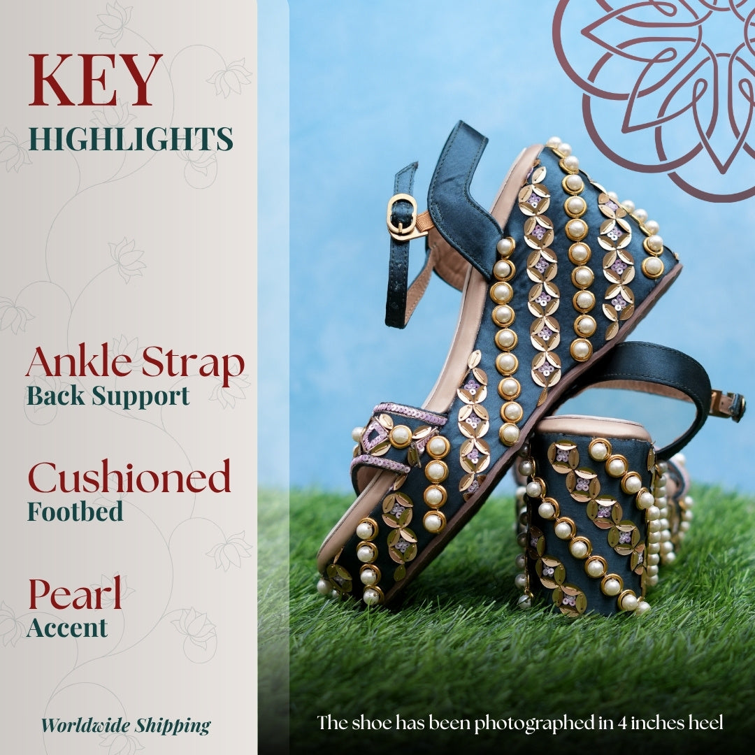 Deep teal wedge with gold toned rows and pearl layered heel design