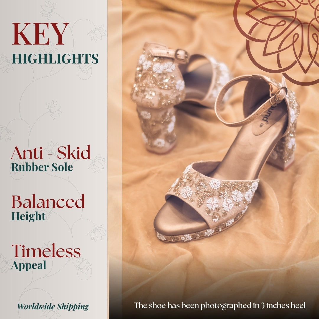 Golden block heel with floral embroidered ankle strap 