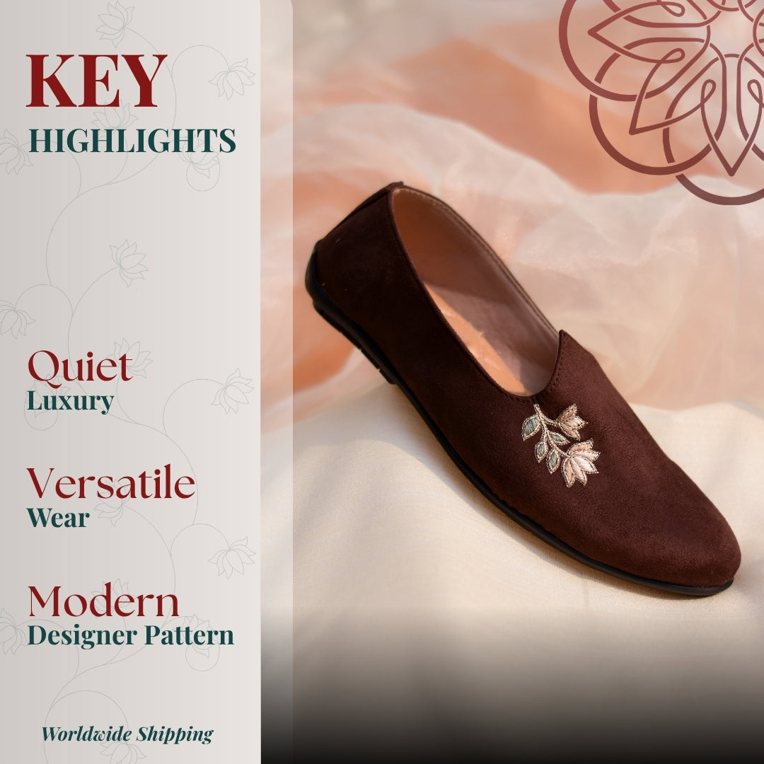 Traditional brown mojris with dimensional lotus motif and refined handcrafted texture