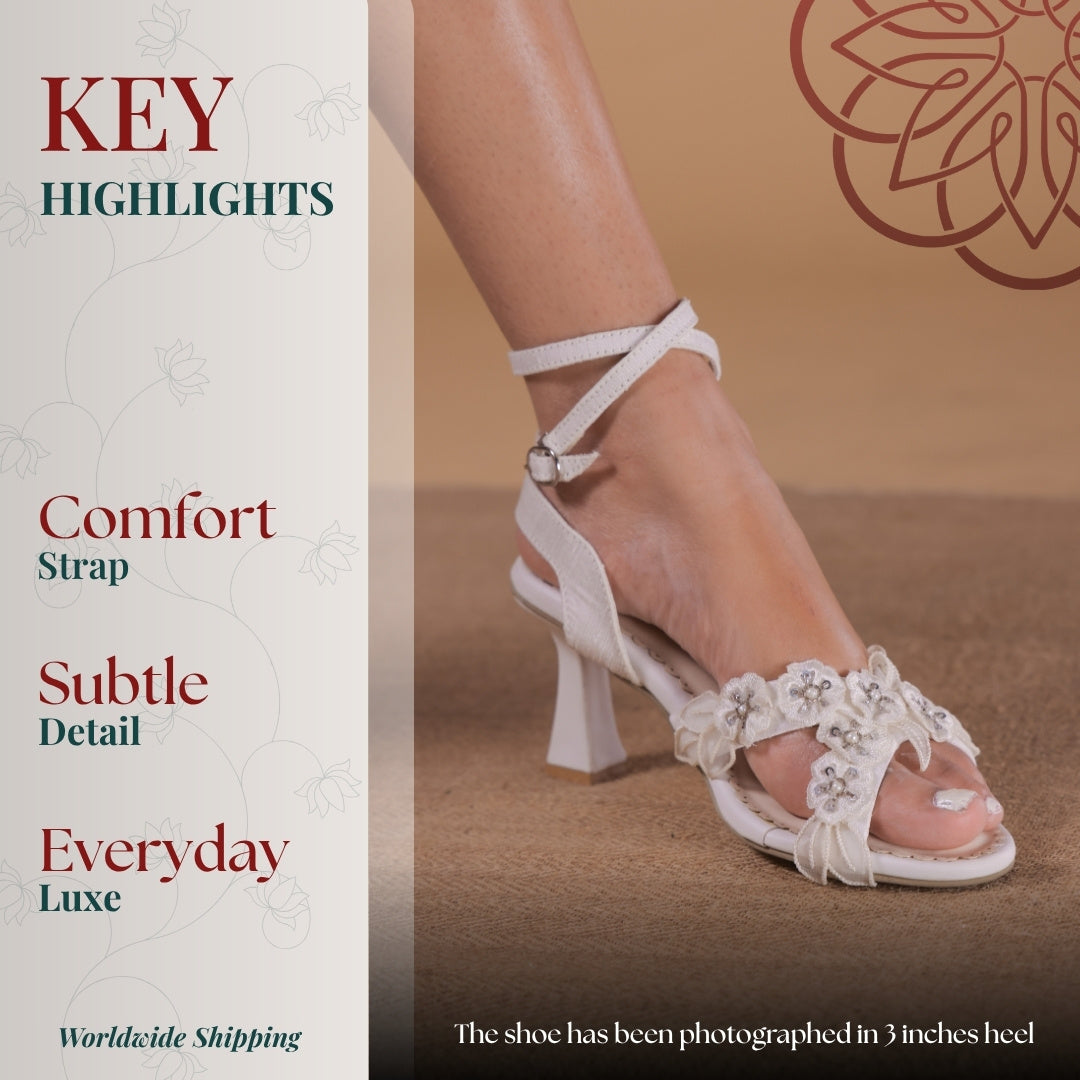 White floral double layer strap heel 