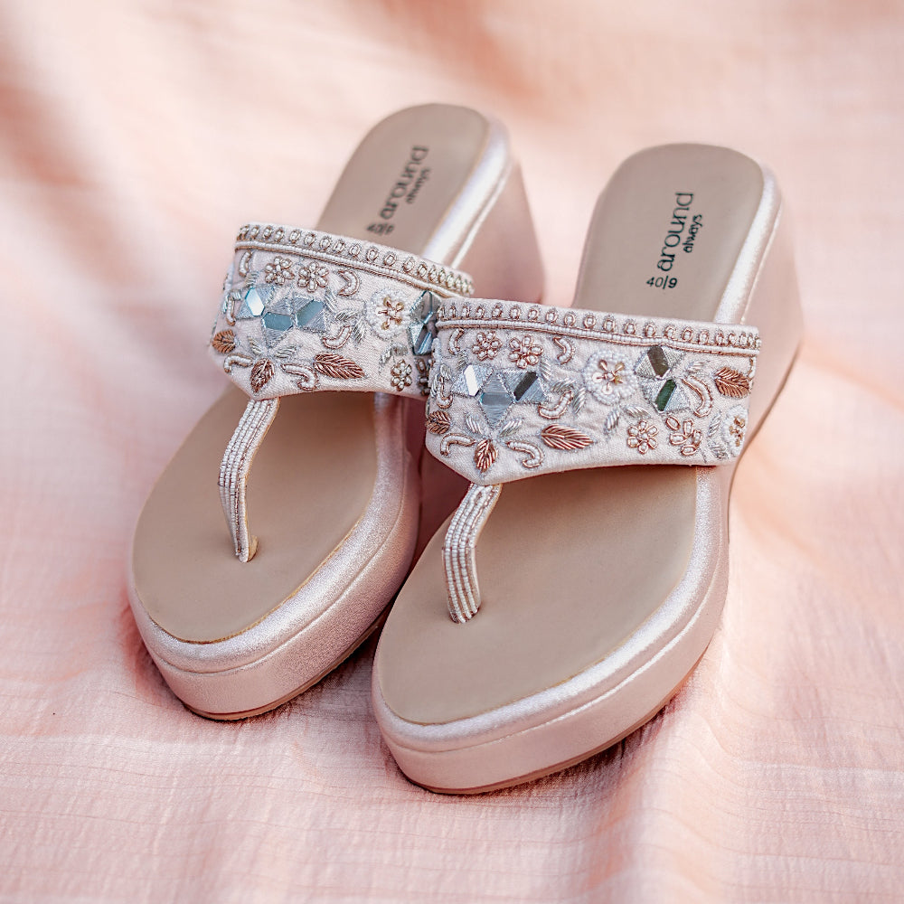 Champagne toe slip-on platform heels with mirror embellished kolhapuri strap and extra cushioned sole 