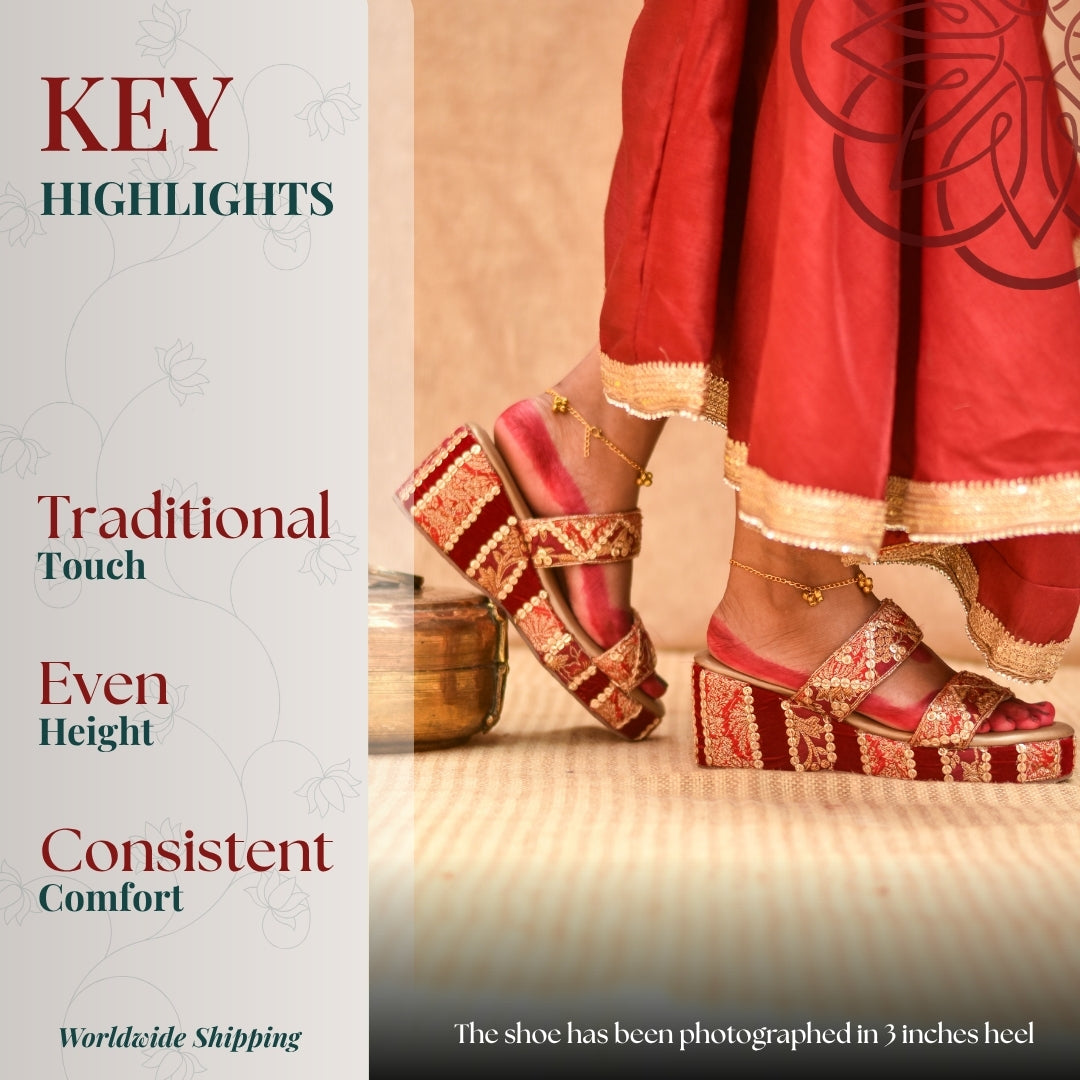 Festive brocade wedges with dual straps, intricate sequins, and comfortable lift