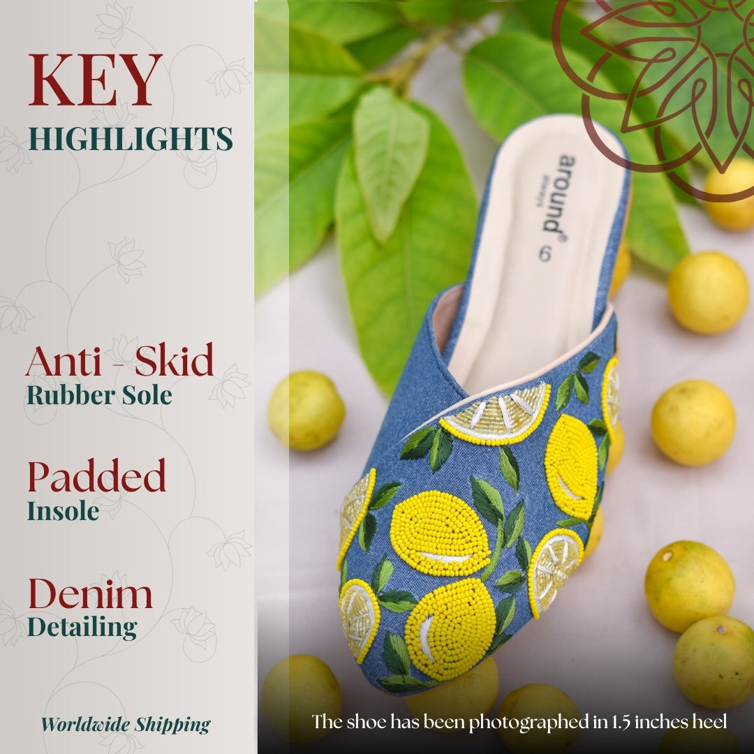 Blue denim casual slip ons with lemon embroidery