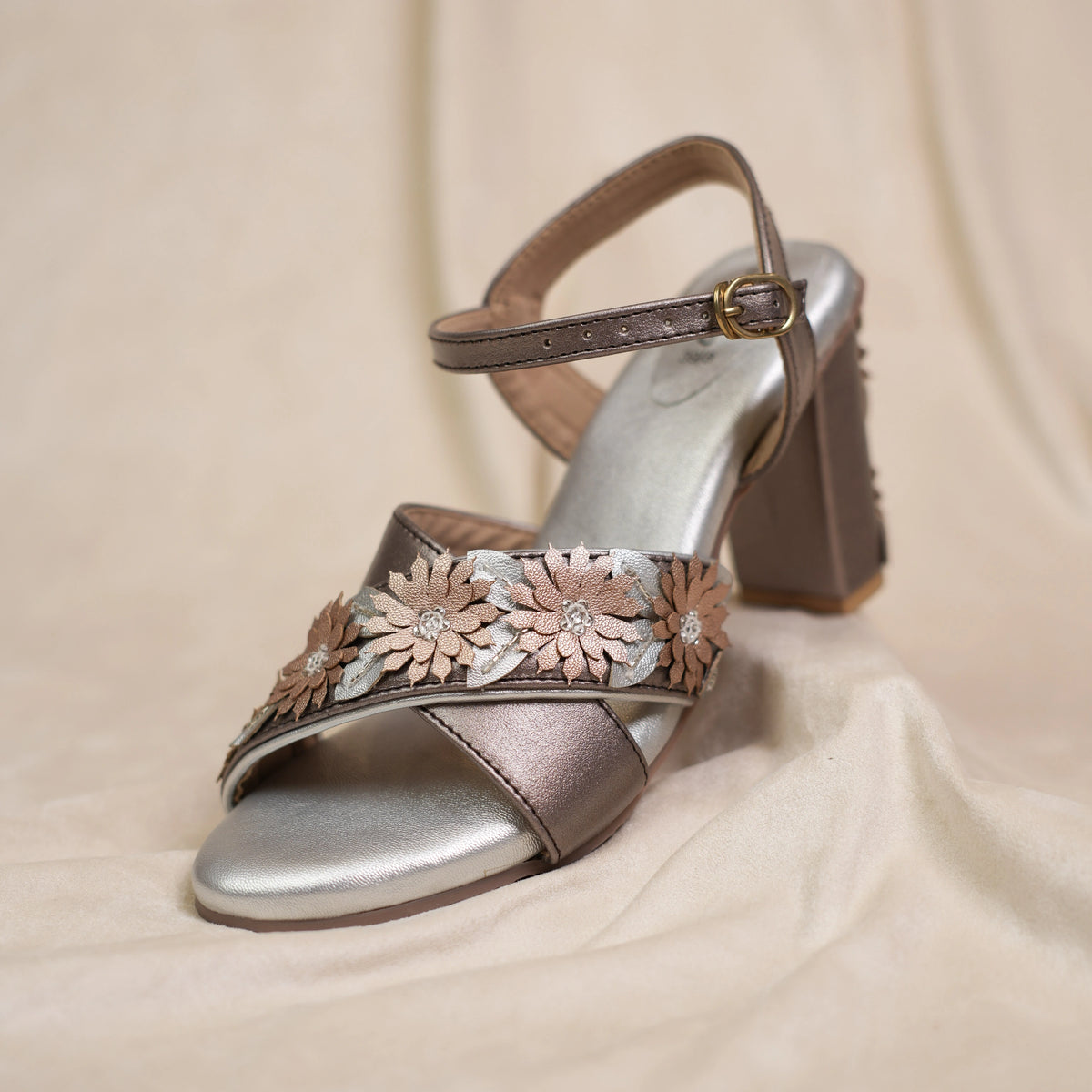 Lush bronze and silver cross strap block heel sandals with 3D flowers by Around Always