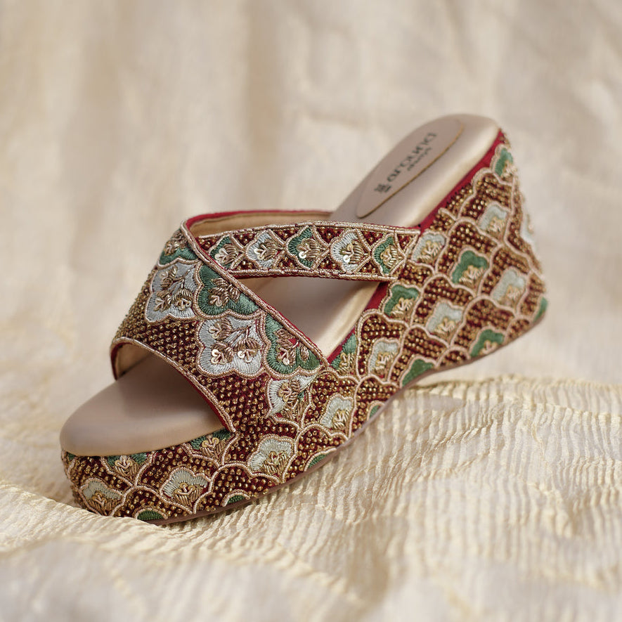 Maroon beaded bridal wedge with cross strap, side view
