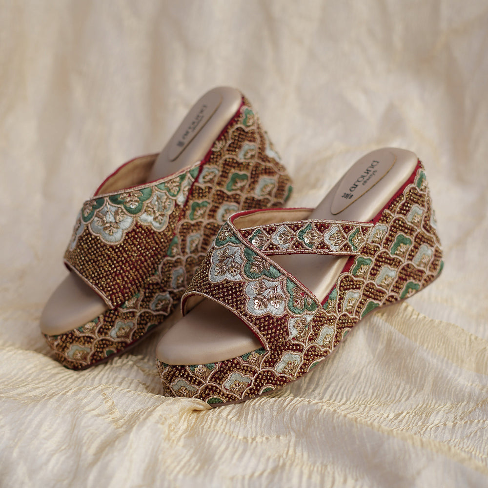Pair of maroon wedding wedges for lehenga, front view