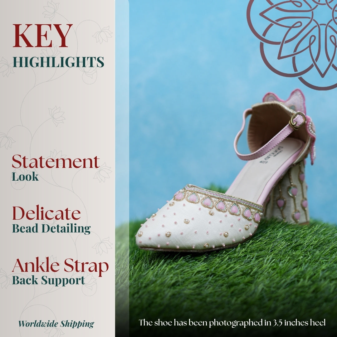 Ivory closed toe heel with bead detailing, pastel trim, ankle strap block heel