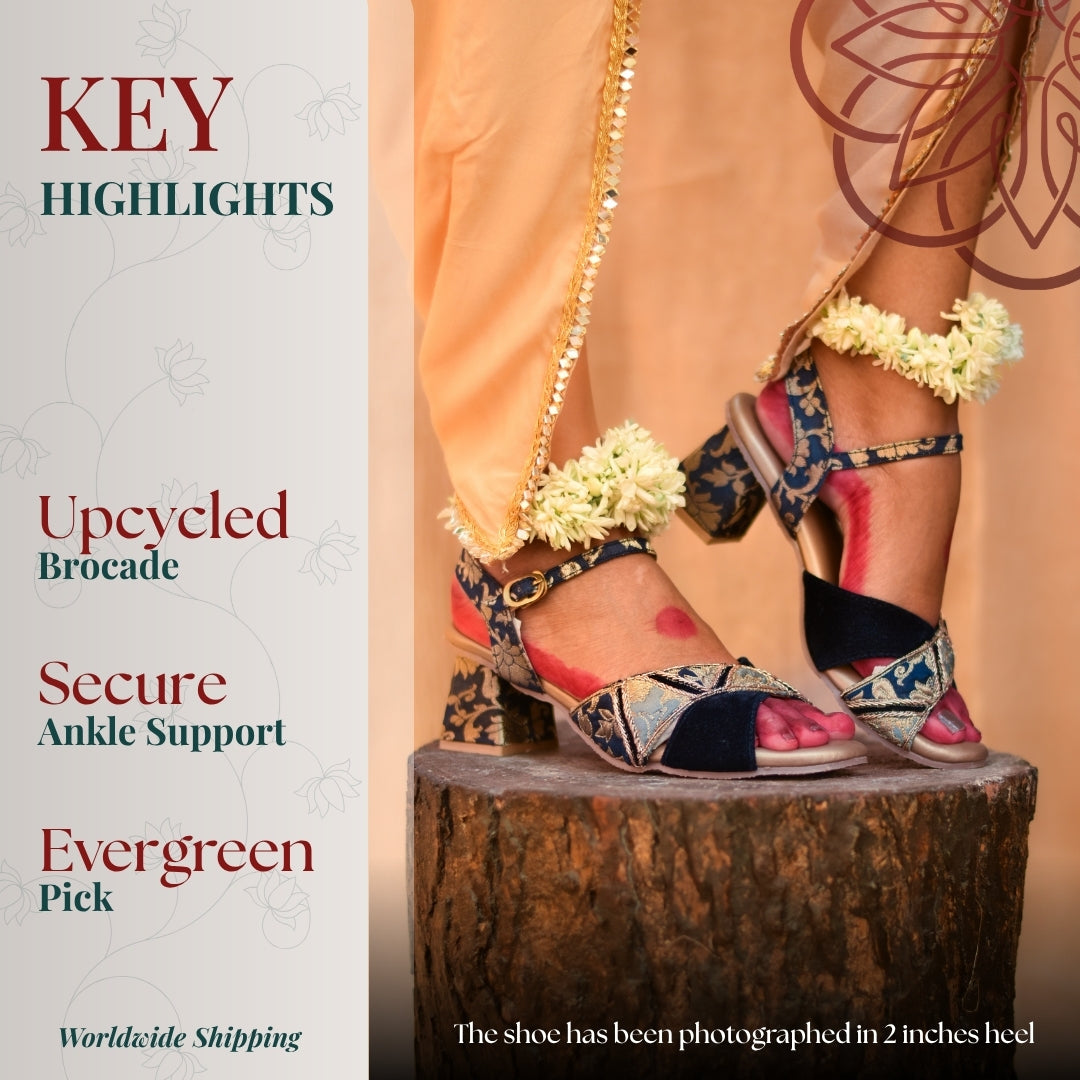 Velvet and brocade block heels with dimensional geometric design and balanced lift