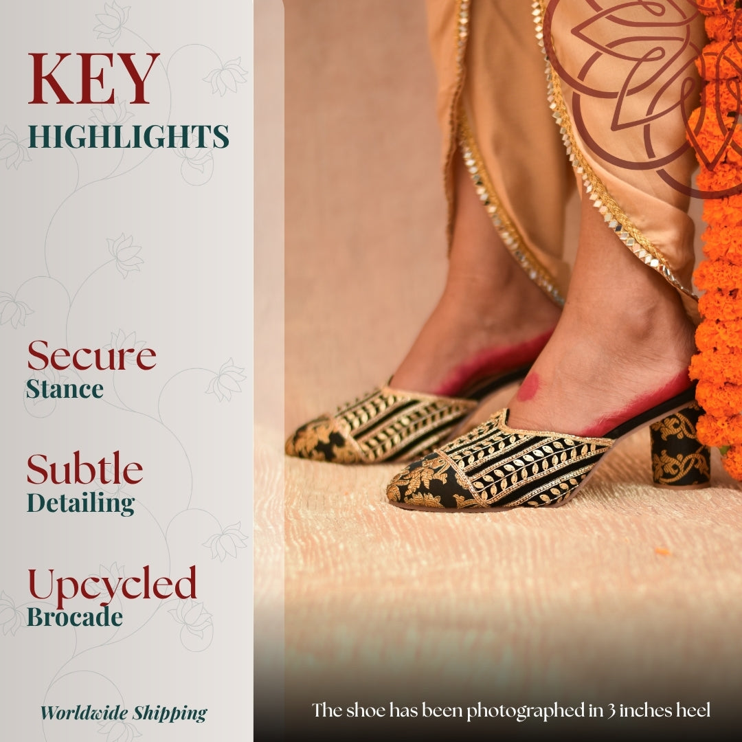 Brocade block heels featuring architectural floral motifs and cushioned insole comfort