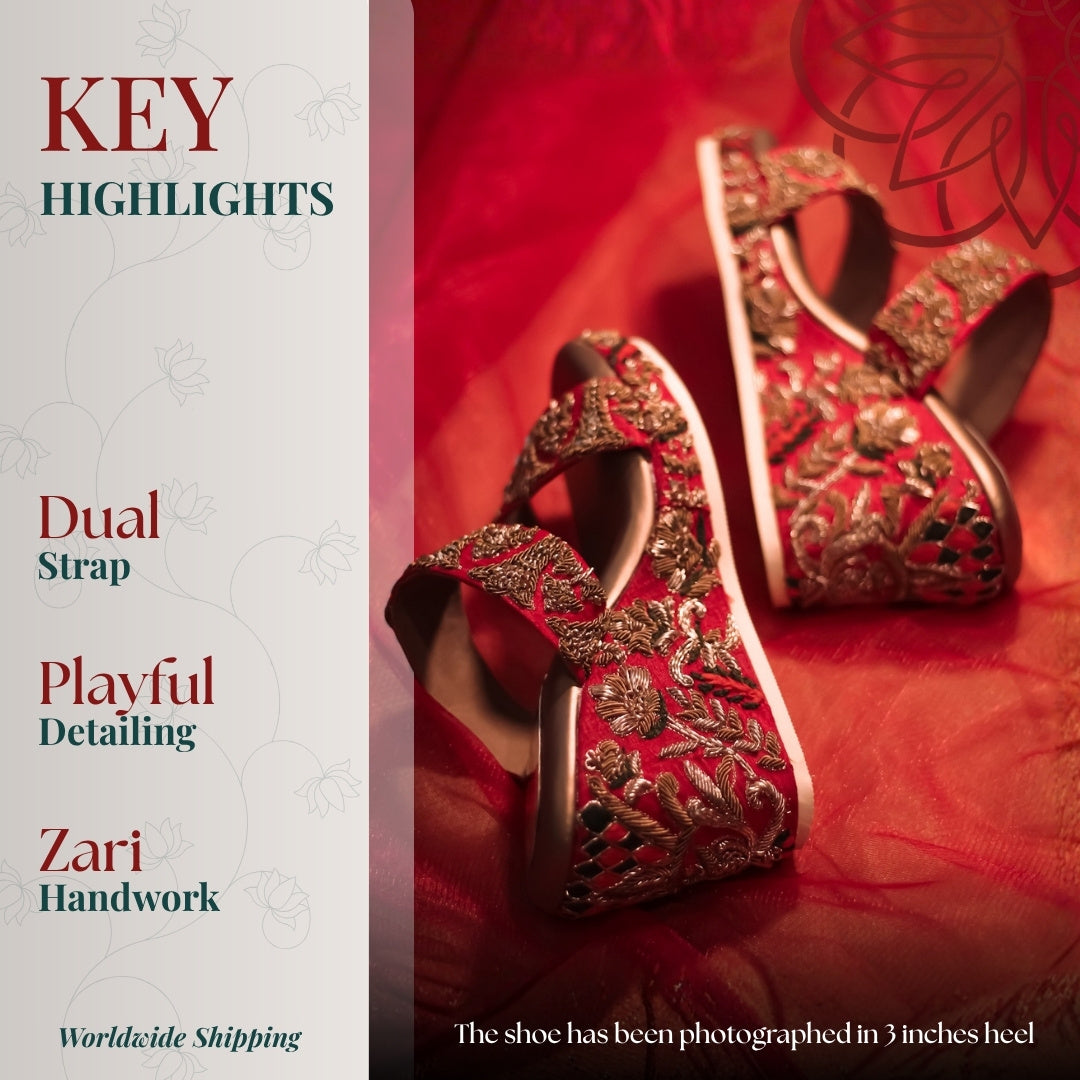 Red wedges with zari embroidered dual strap