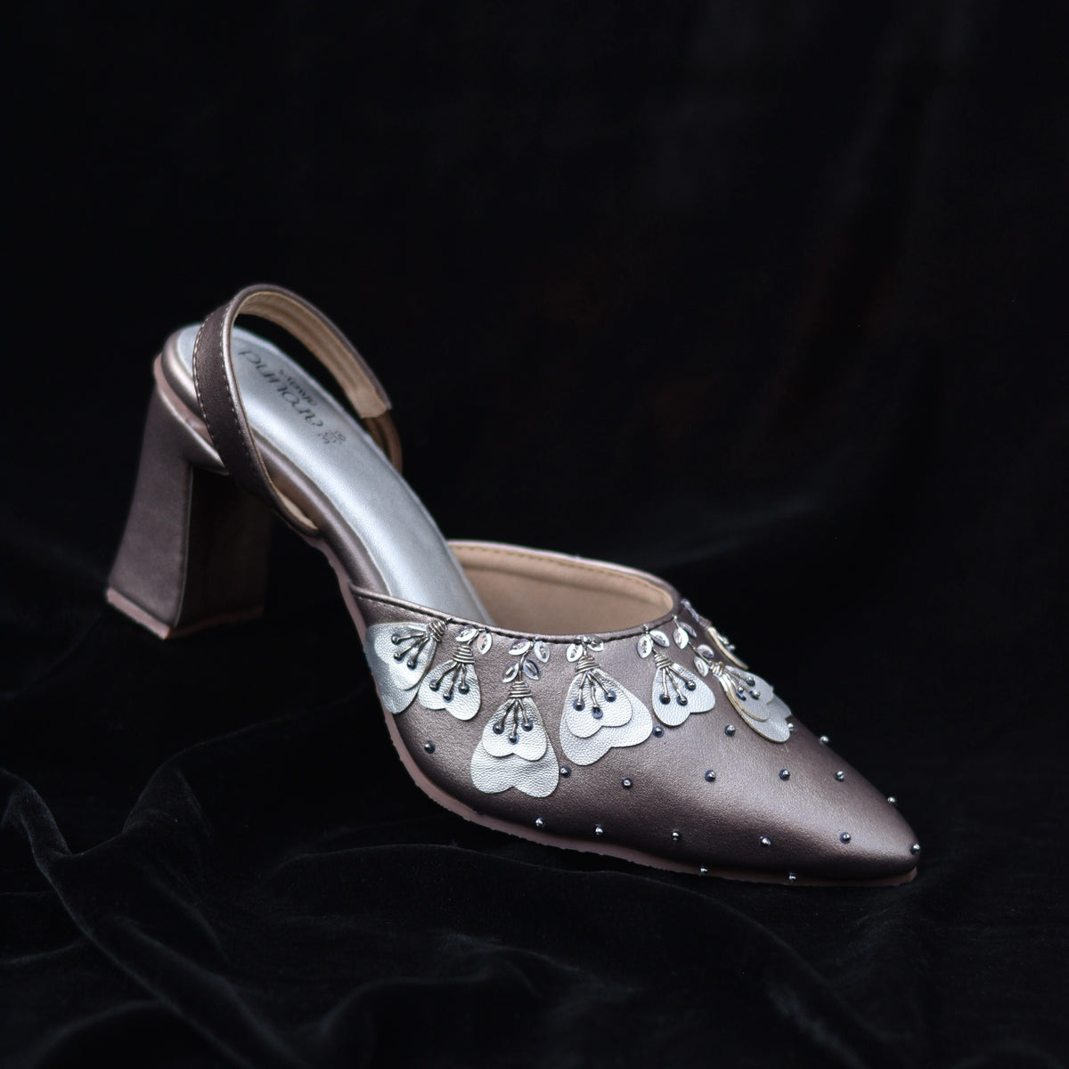 Opera pewter pointed toe slingback heel with metallic silver petal applique and block heel