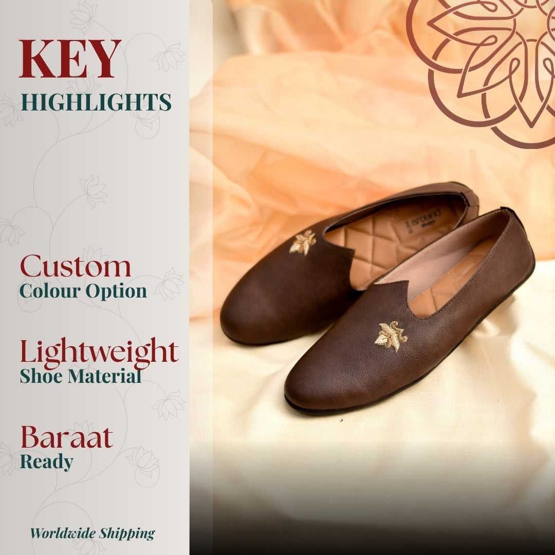 Dark brown mojri with small zari motif for Indian men's ethnic wear