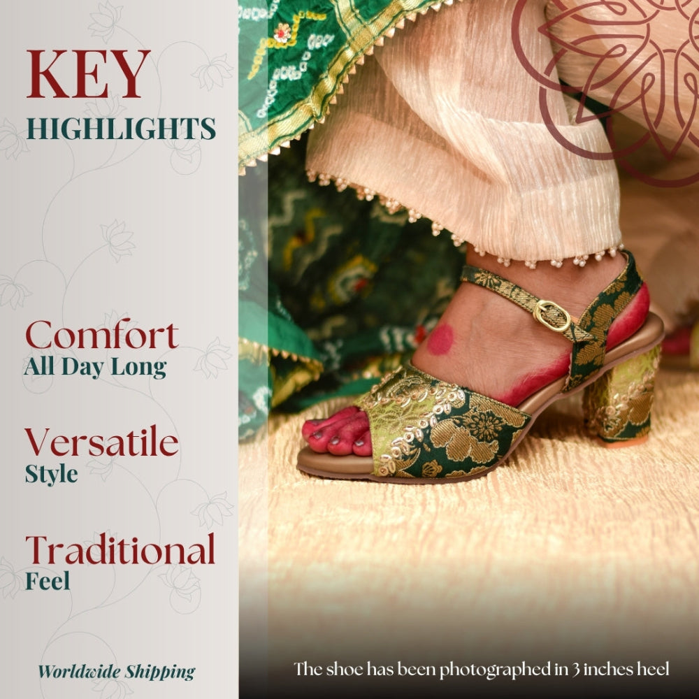 Traditional-inspired block heel sandals with gold accents, sequins, and balanced lift