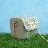 Pixie mint green box bag with gold flowers and pastel sequins for mehendi
