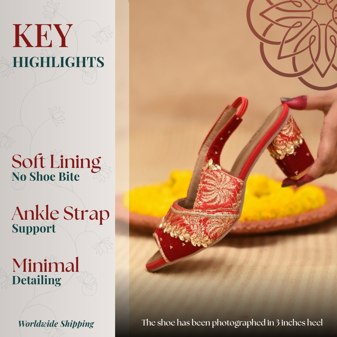 Brocade heels in rich red tones with matching block heel and comfortable cushioned footbed