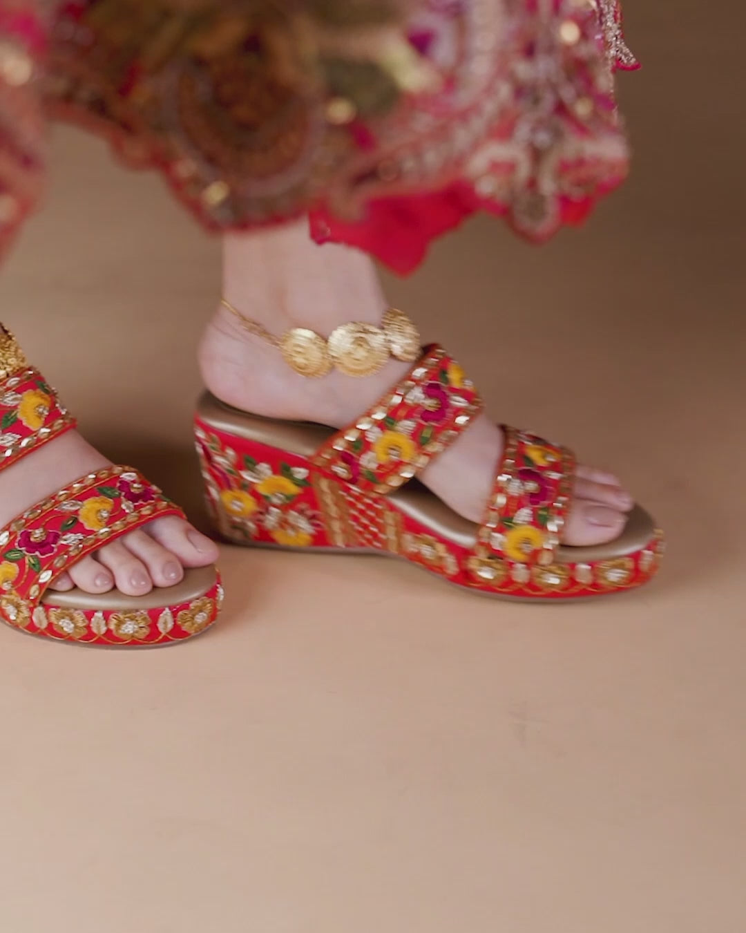 Gorgeous red Indian heels with floral zardozi embellishments