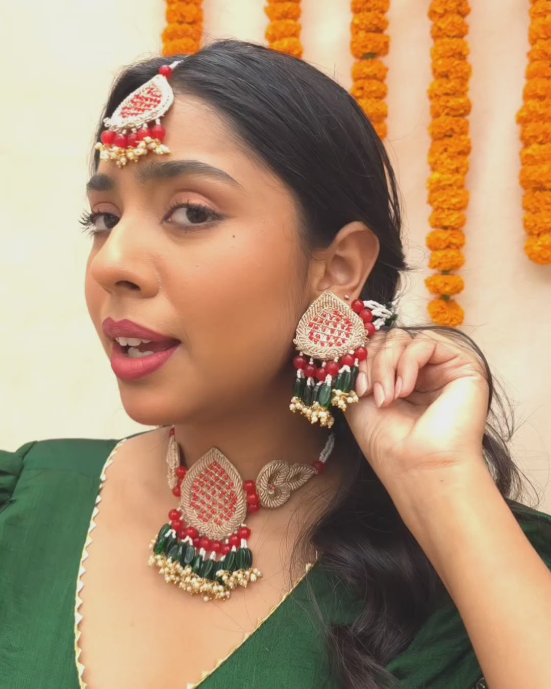 Red Imitation Bridal Jewellery Set for Haldi & Mehendi outfit with Kanauti 