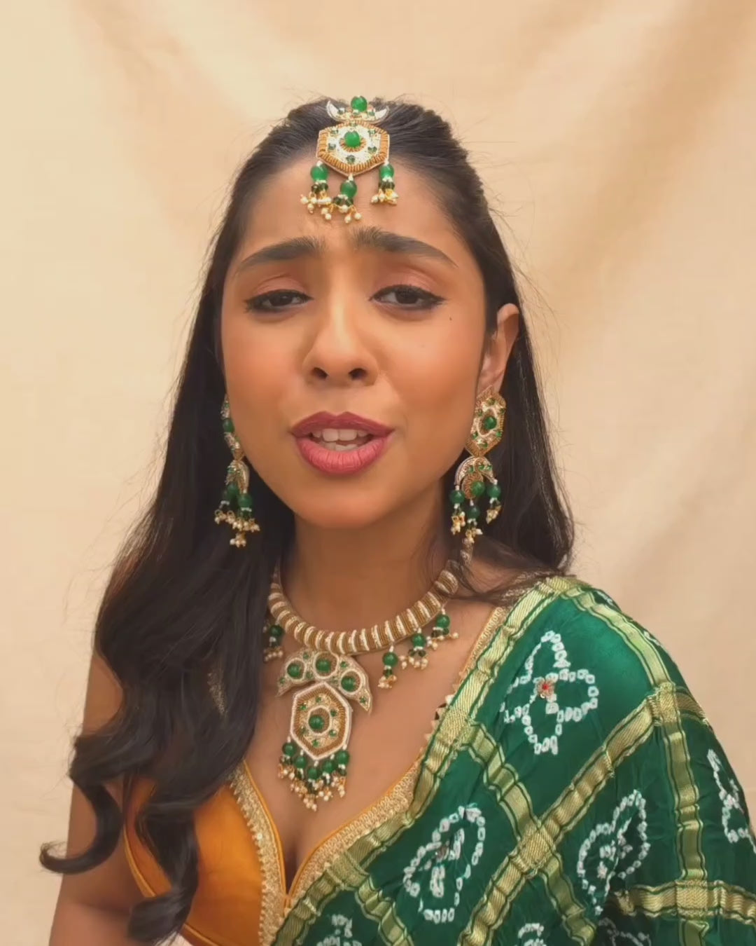 Green and Golden Imitation Jewellery for Haldi and Mehendi Look