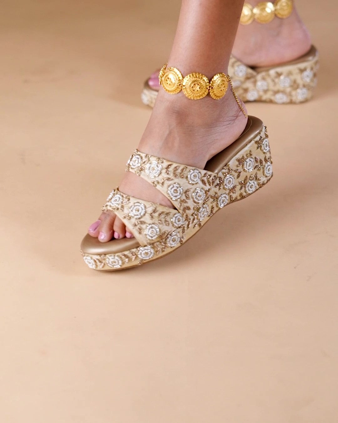 Golden Wedding Heels with Beads and Zardosi Embellishments