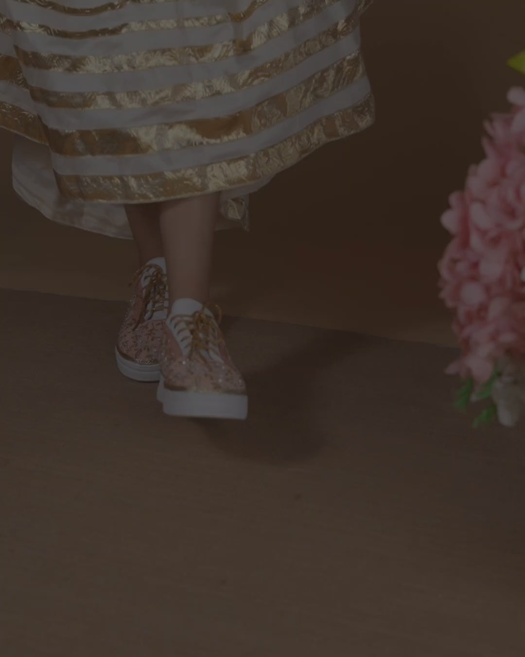 Peach sequin embellished sneakers for Indian lehenga