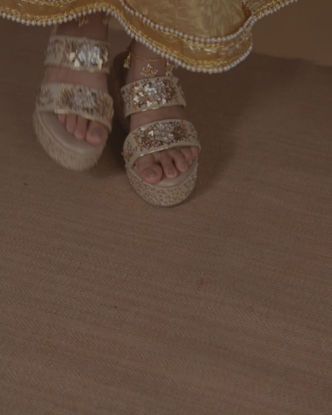 Victoria golden wedges featuring handcrafted embroidery and elegant bridal wedding heels.