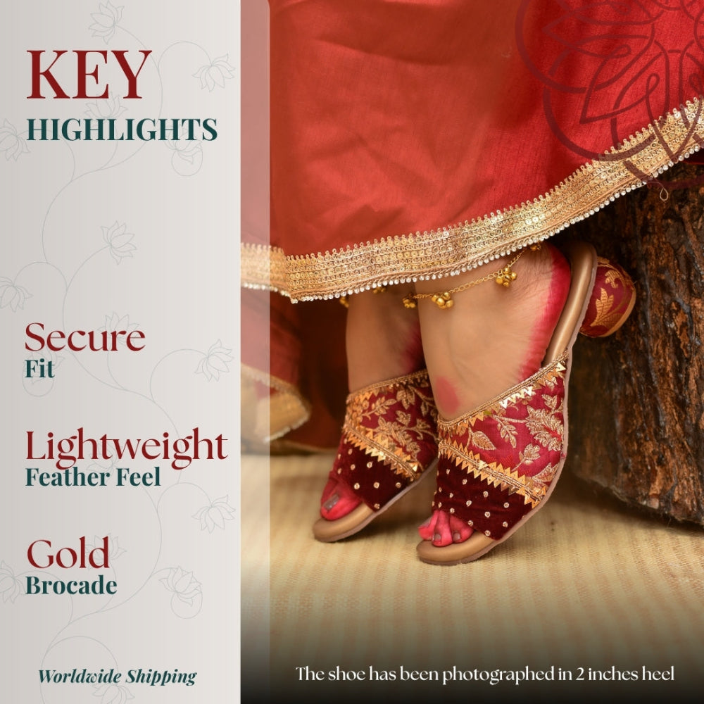 Elegant maroon block heels featuring patterned brocade upper and cushioned comfort