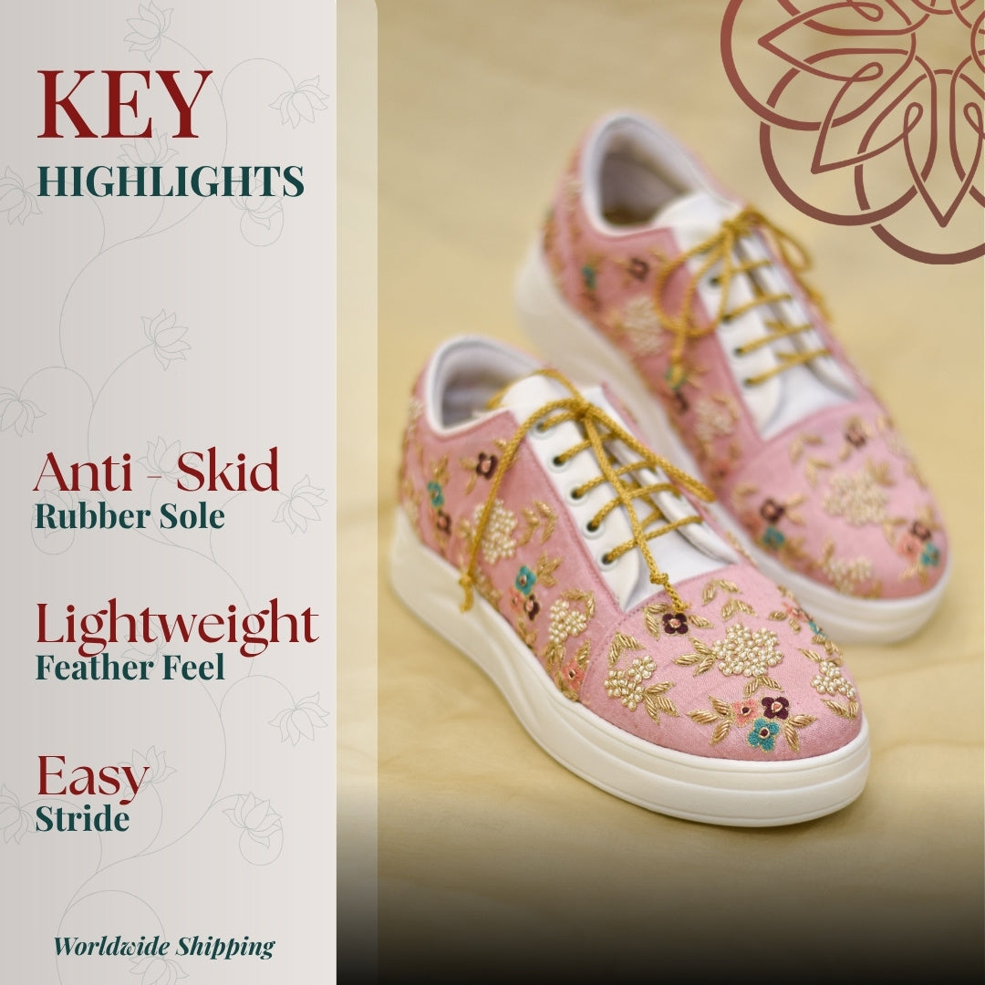 Pink floral sneaker with  zari embroidery work 