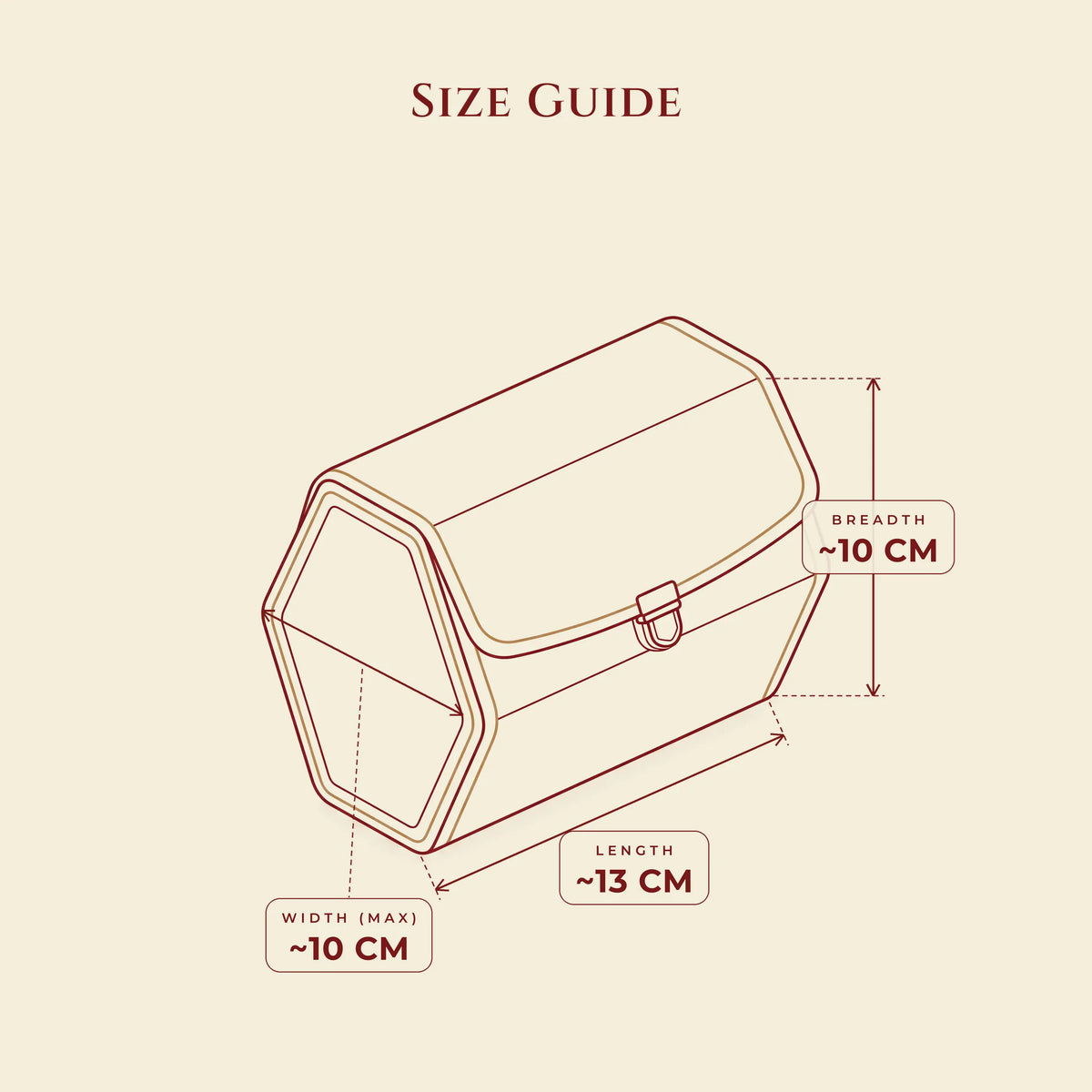 Hexa bag size guide: length about 13 cm, breadth about 10 cm, width about 10 cm