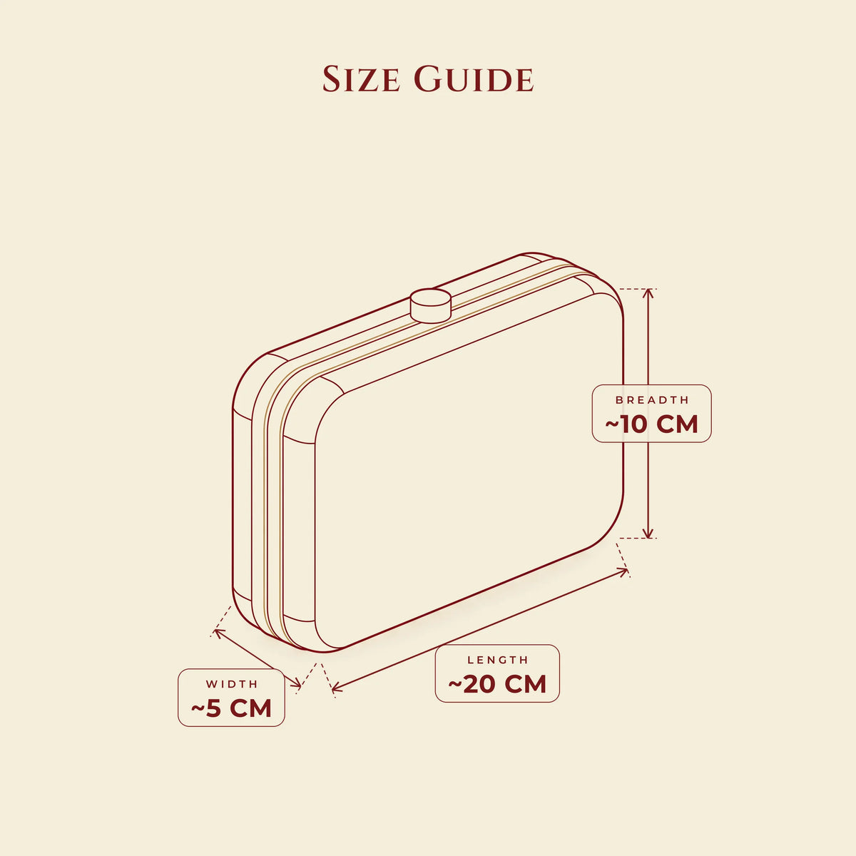 Clutch size guide: length about 20 cm, breadth about 10 cm, width about 5 cm