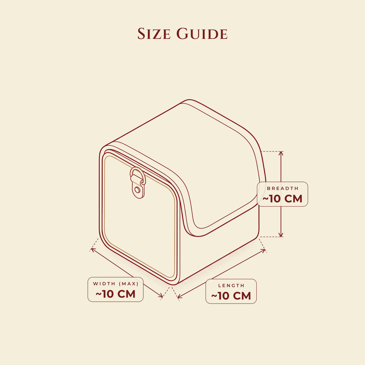 Box bag size guide: length about 10 cm, breadth about 10 cm, width about 10 cm