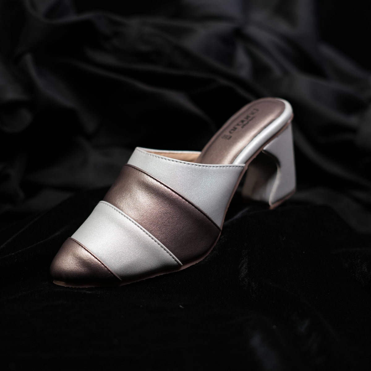 Slate ivory and pewter striped pointed mule with sculpted heel by Around Always