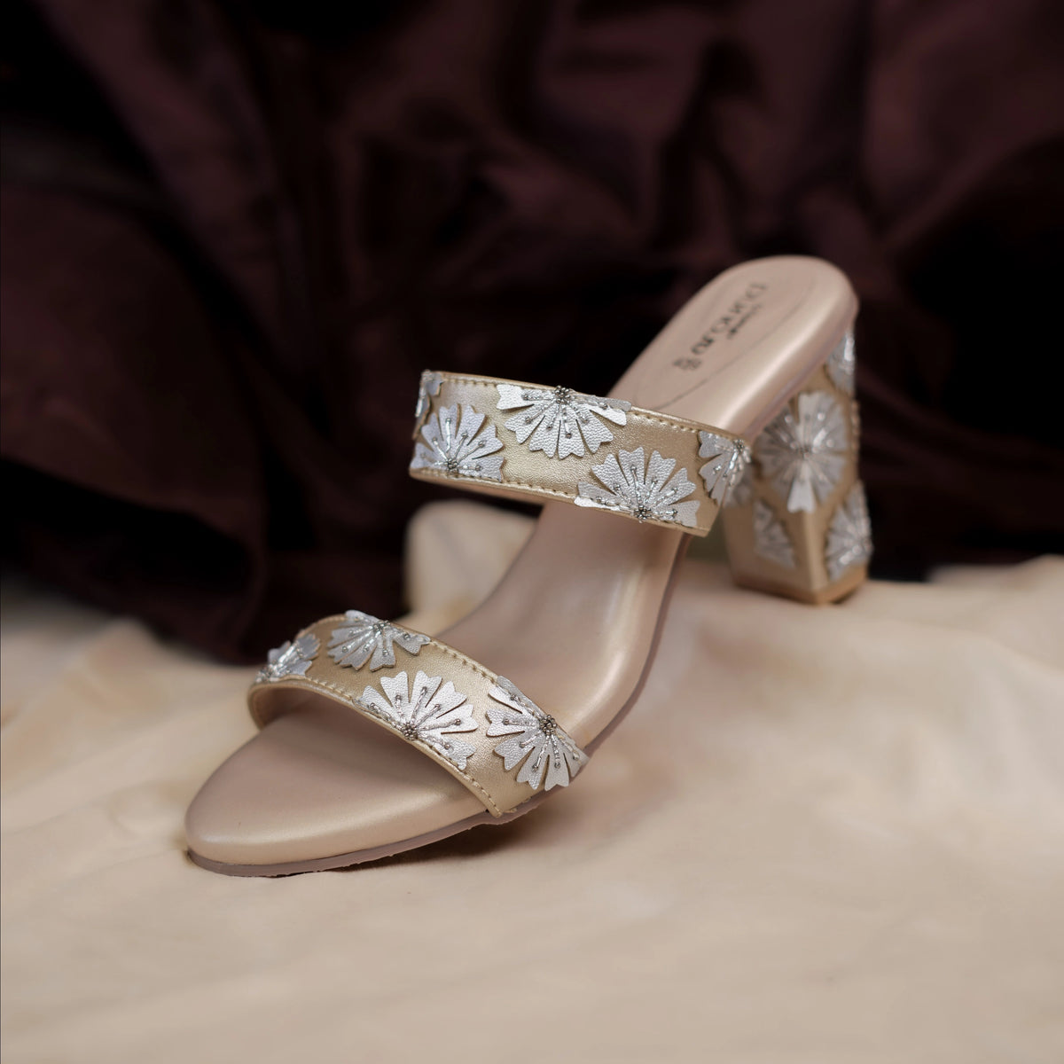 Sparkle champagne two strap block heels with silver flower applique by Around Always