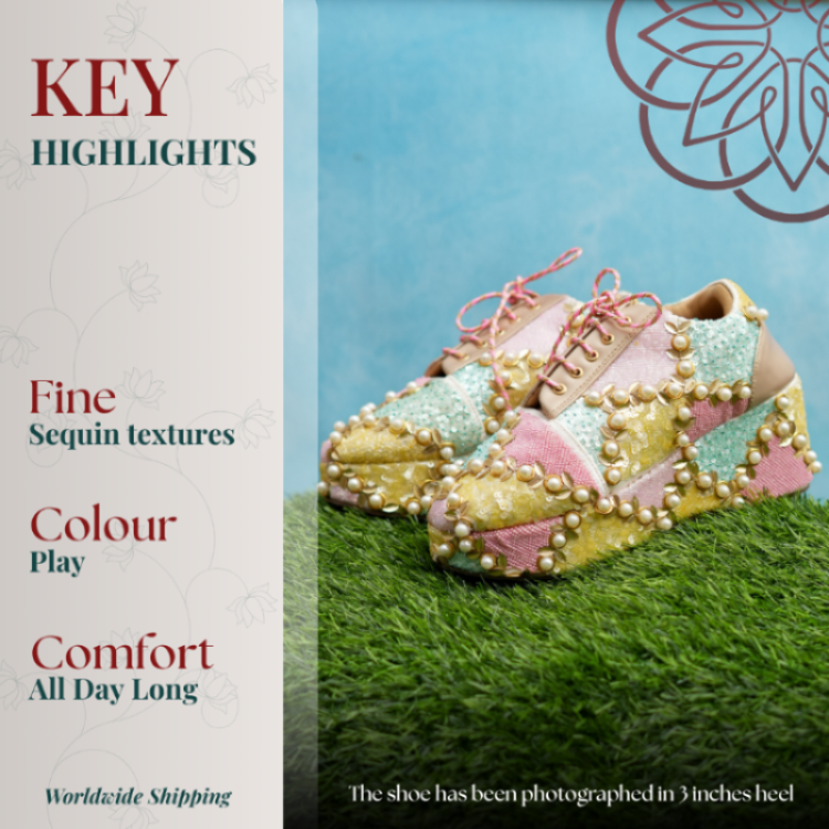 Colourful embellished sneakers wedges featuring pink, mint, and yellow tones with chunky pearl accents