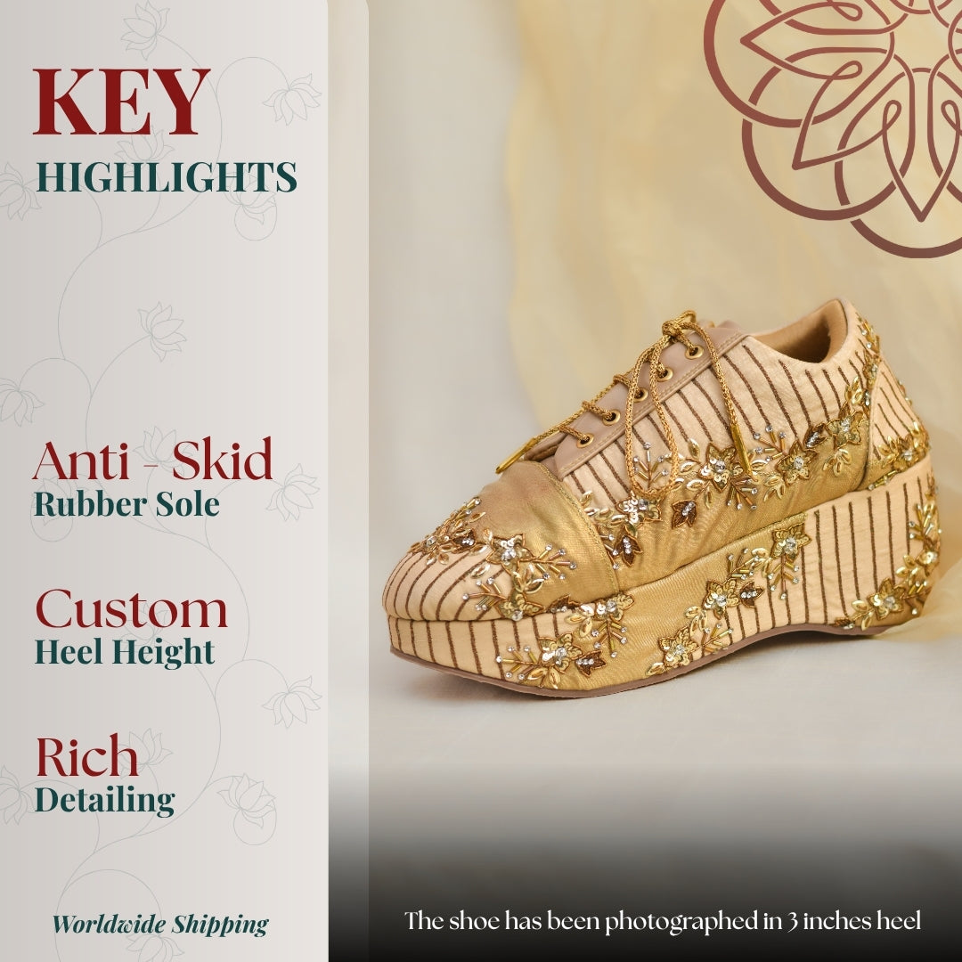 Golden occasion sneakers featuring ornate embroidery, bead accents, and cushioned comfort