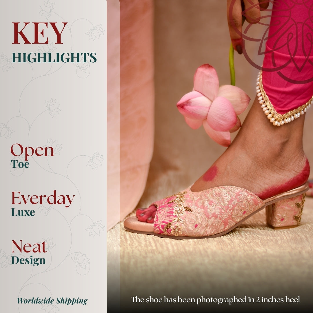Rani and peach brocade heels with sequin detailing and cushioned low block heel