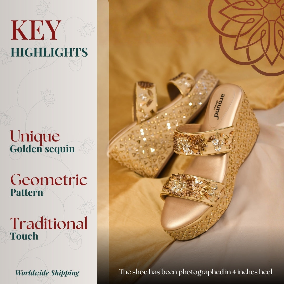 Gold sequin geometric wedge sandals