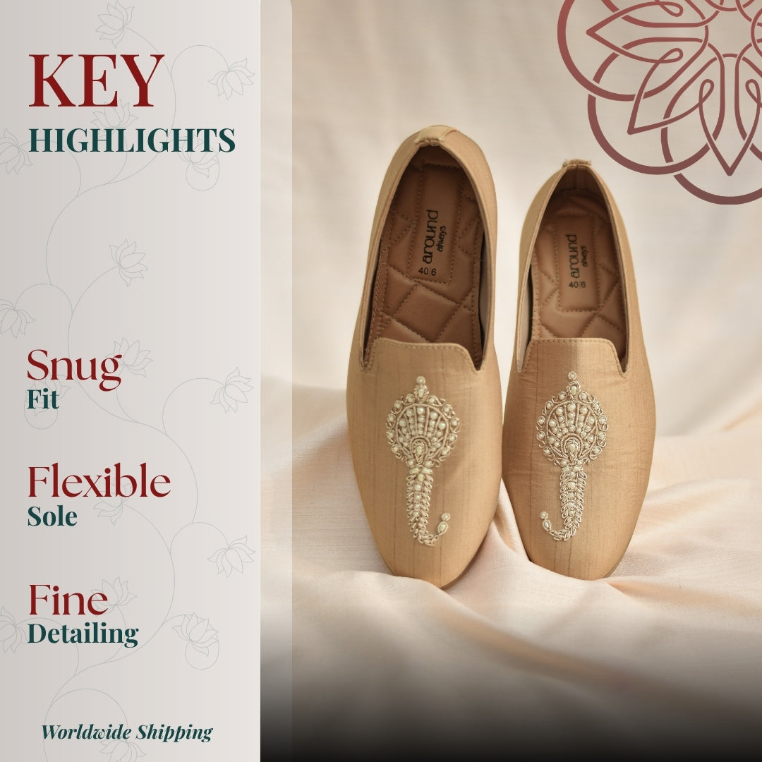 Beige festive slip ons with ornate bead embroidery and soft cushioned insole