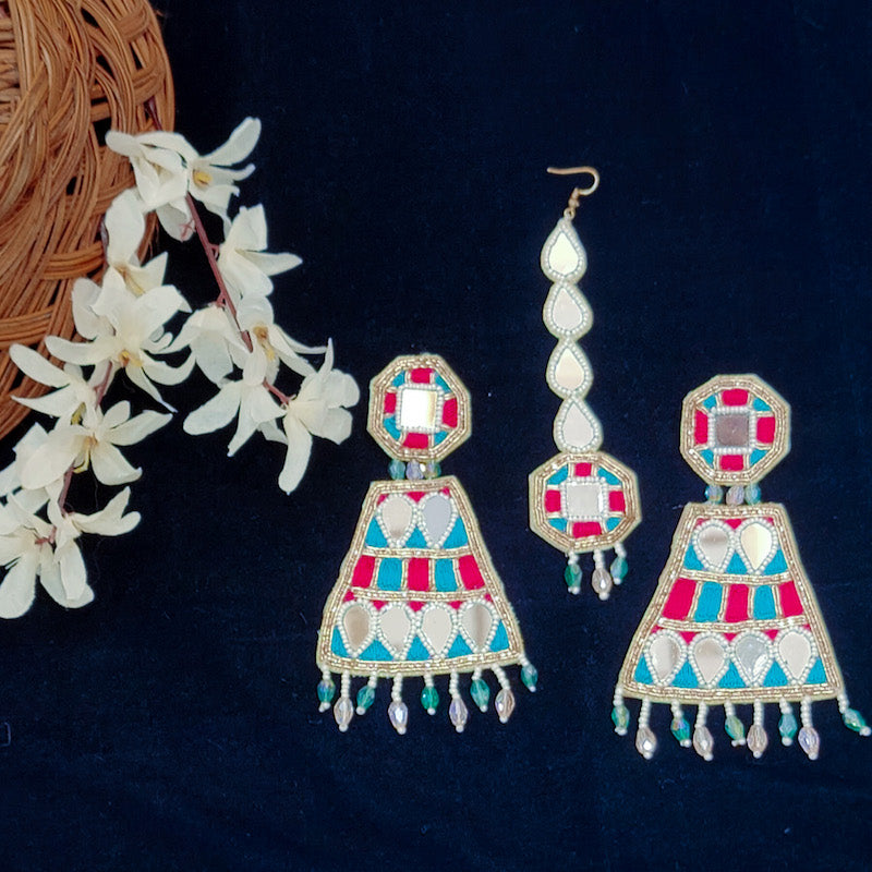 Mirror work earrings and maangtika for haldi function