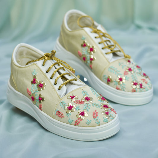 Embellished golden sneakers with sequins and thread work