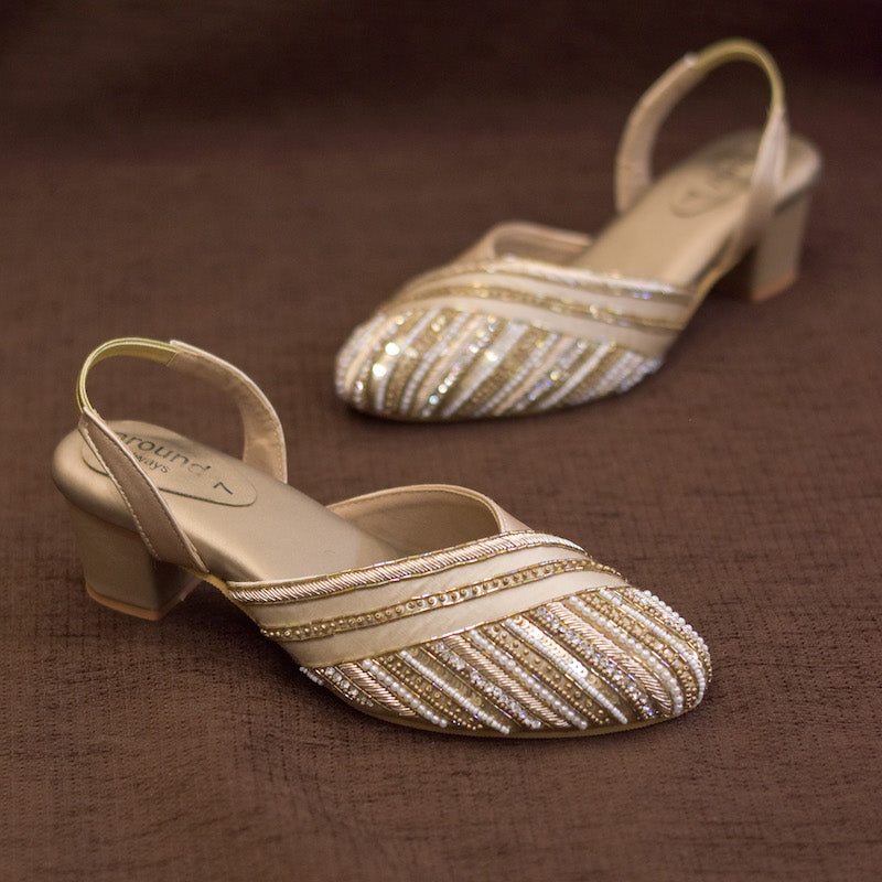 Embellished golden occasion wear sandals for women
