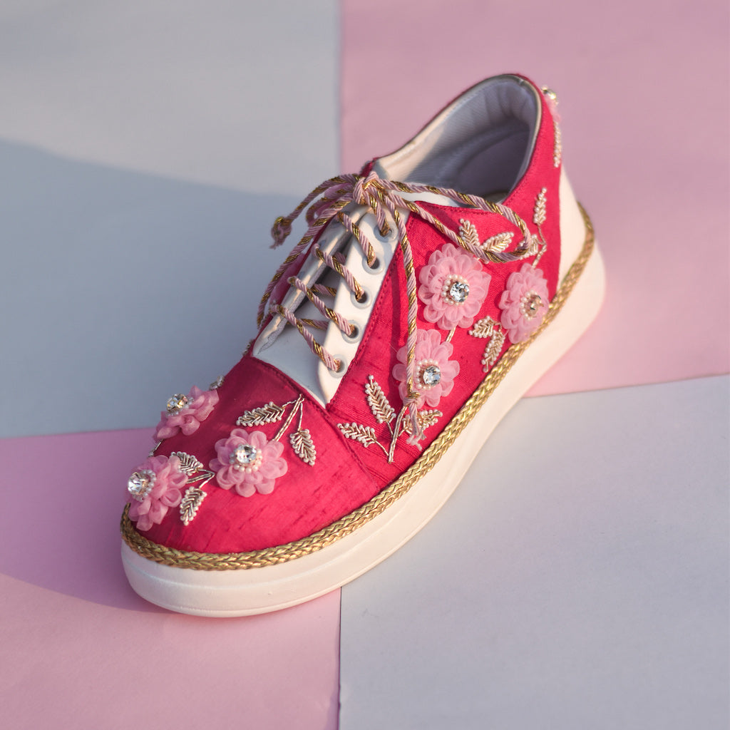 Bright pink embroidered wedding sneakers