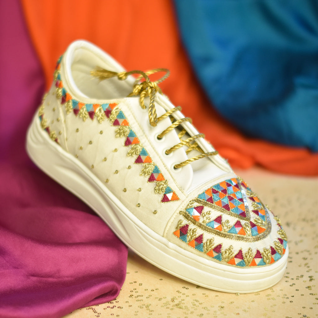 Multicolour threadwork on sneakers for Indian brides