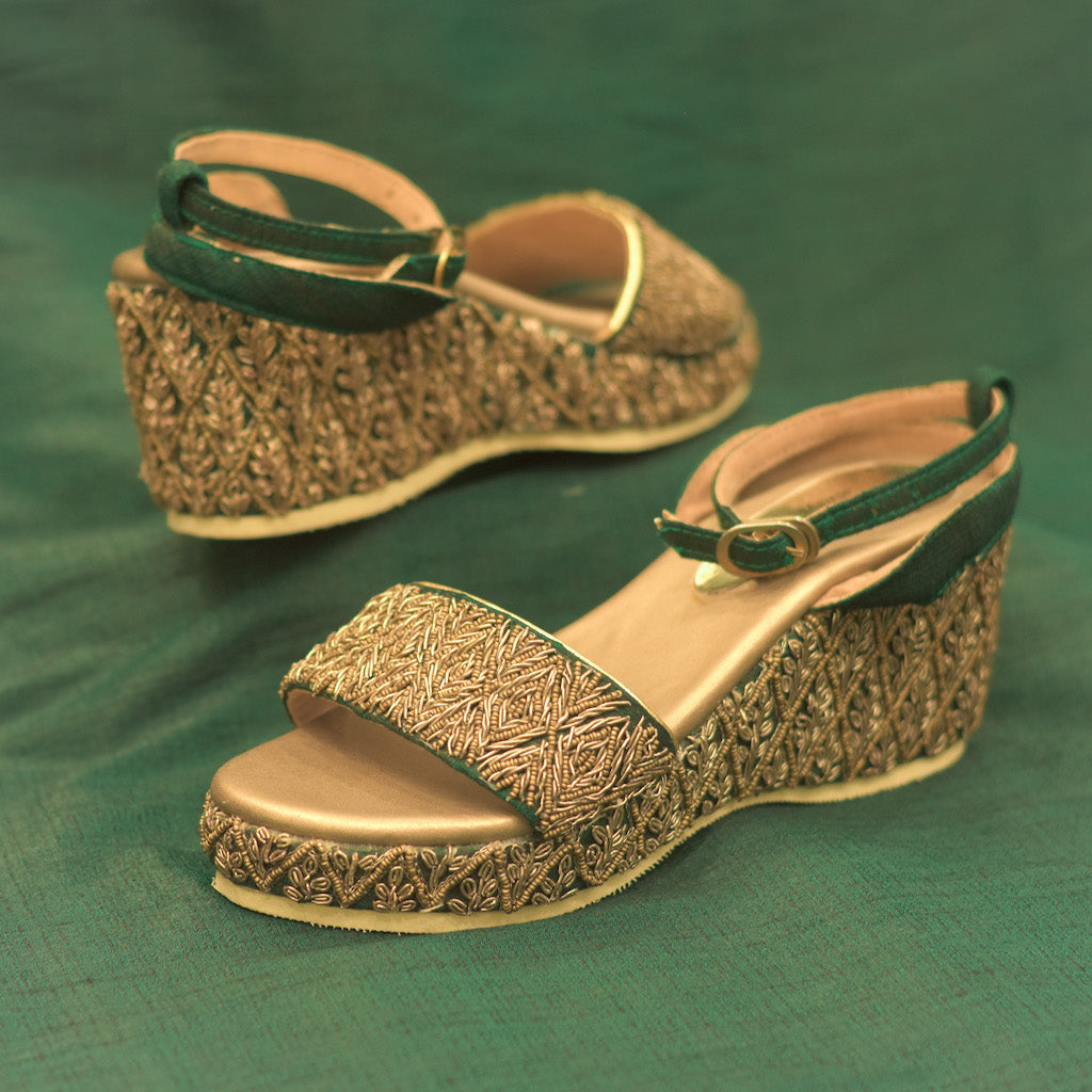 Green bridal wedges with zari embroidery