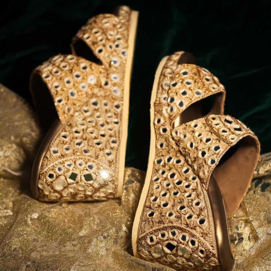 High heel handmade golden wedges
